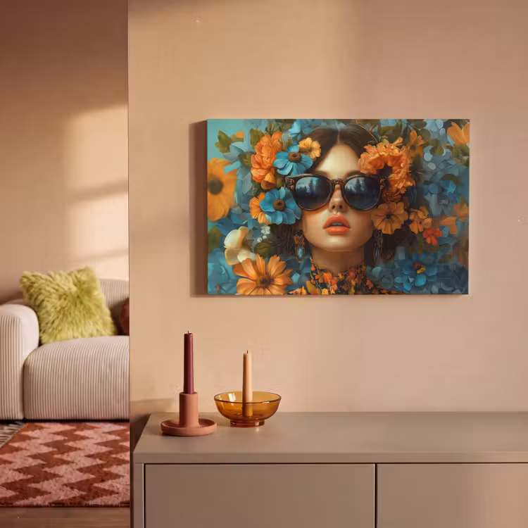 Vrouw - Bloemen - Oranje - Blauw - Modern canvas 2cm klein -sfeer1