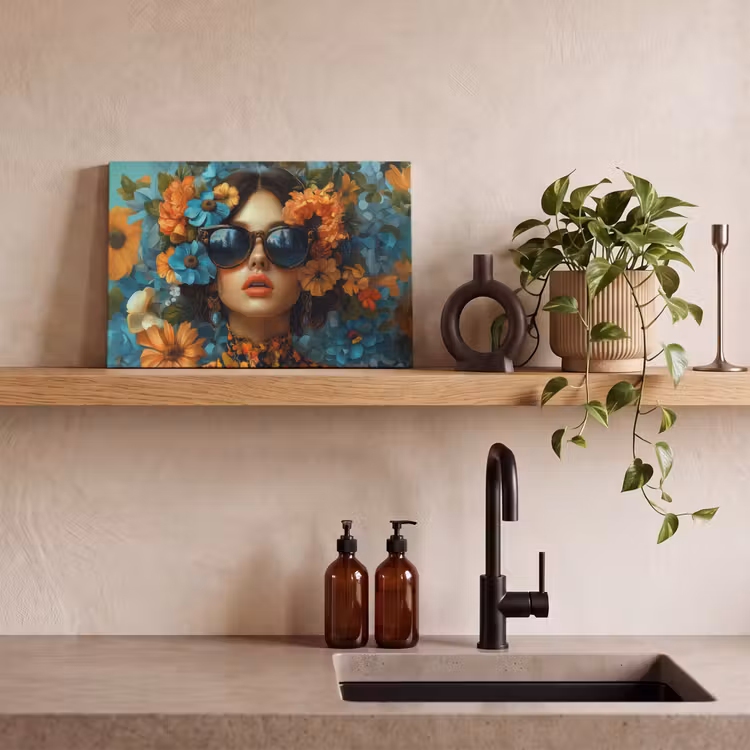 Vrouw - Bloemen - Oranje - Blauw - Modern canvas 2cm klein -sfeer3