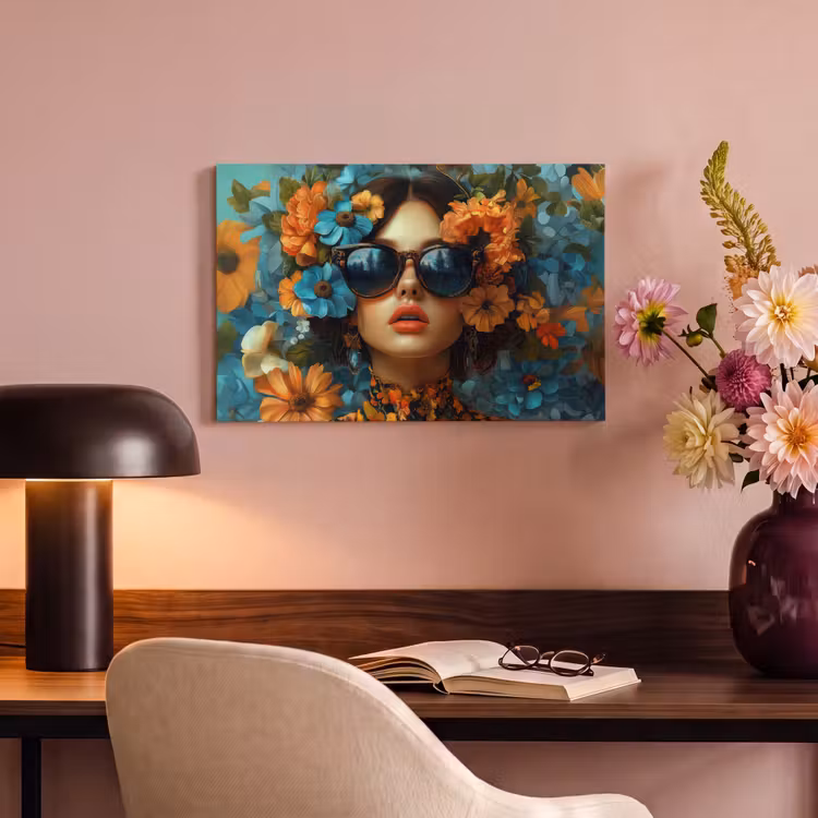 Vrouw - Bloemen - Oranje - Blauw - Modern canvas 2cm klein -sfeer4