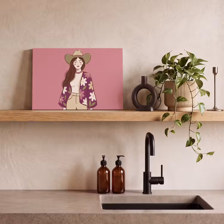 Vrouw - Hoed - Portret - Illustratie - Roze canvas 2cm klein -sfeer3