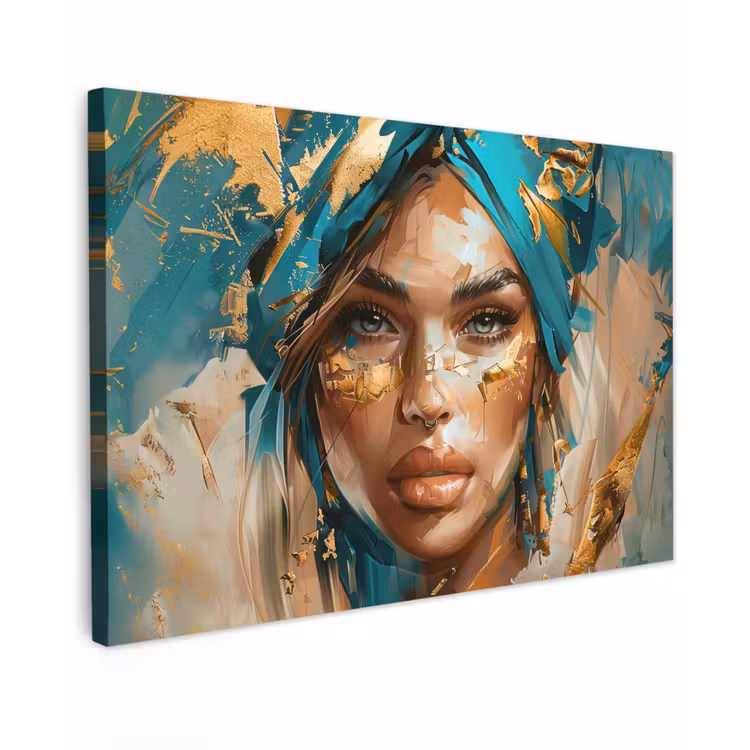Vrouw - Portret - Goud - Luxe - Blauw canvas 2cm klein -z3d