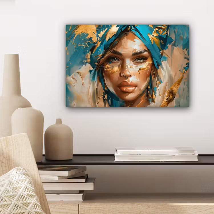 Vrouw - Portret - Goud - Luxe - Blauw canvas 2cm klein -sfeer6