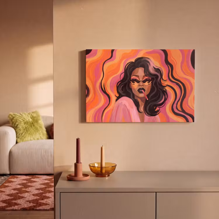 Vrouw - Zonnebril - Modern - Portret - Oranje canvas 2cm klein -sfeer1