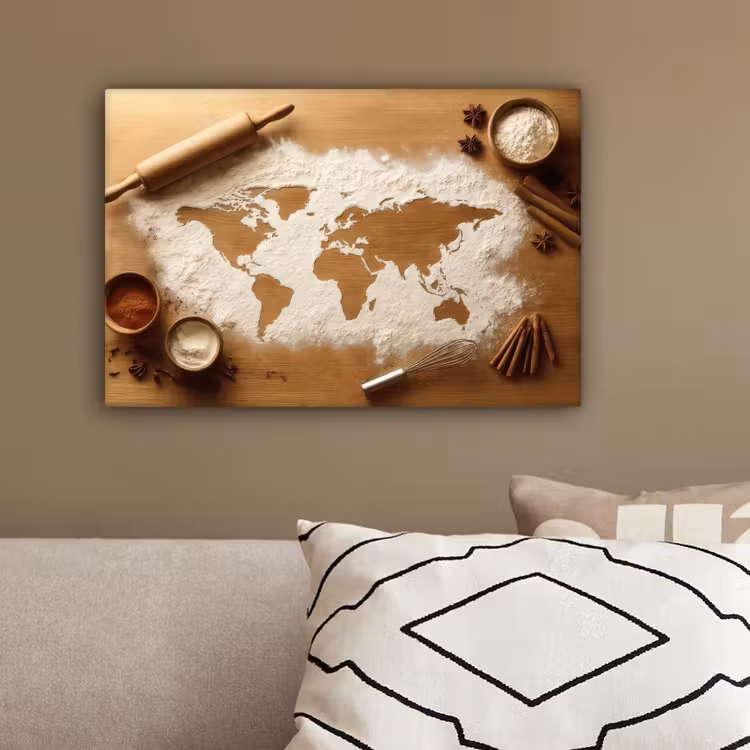 Hout - Wereldkaart - Bakken - Keuken canvas 2cm klein -sfeer3
