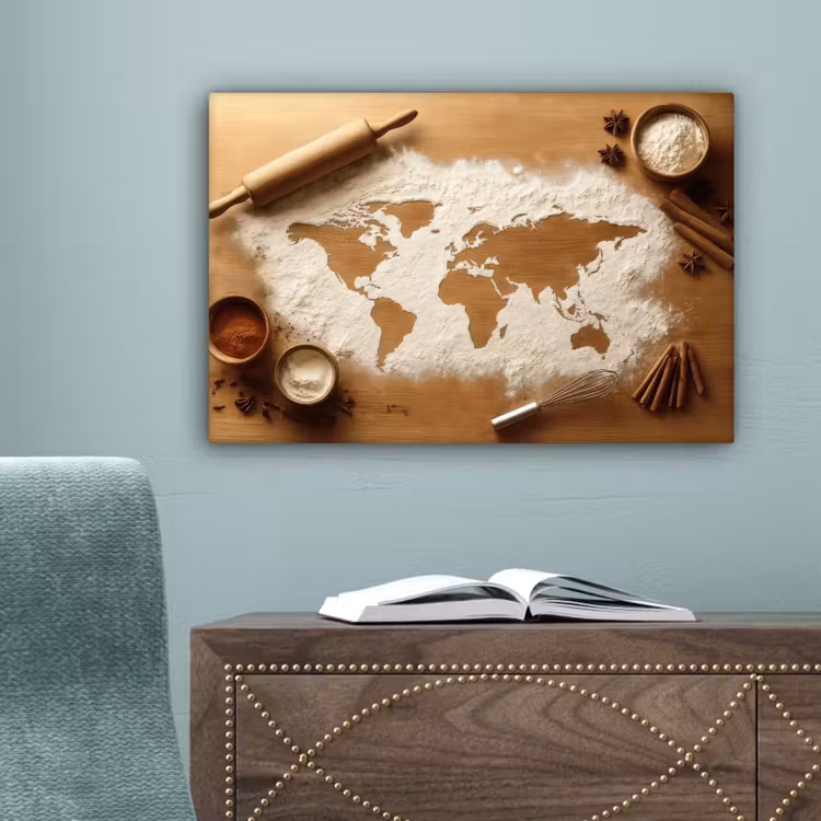 Hout - Wereldkaart - Bakken - Keuken canvas 2cm klein -sfeer4