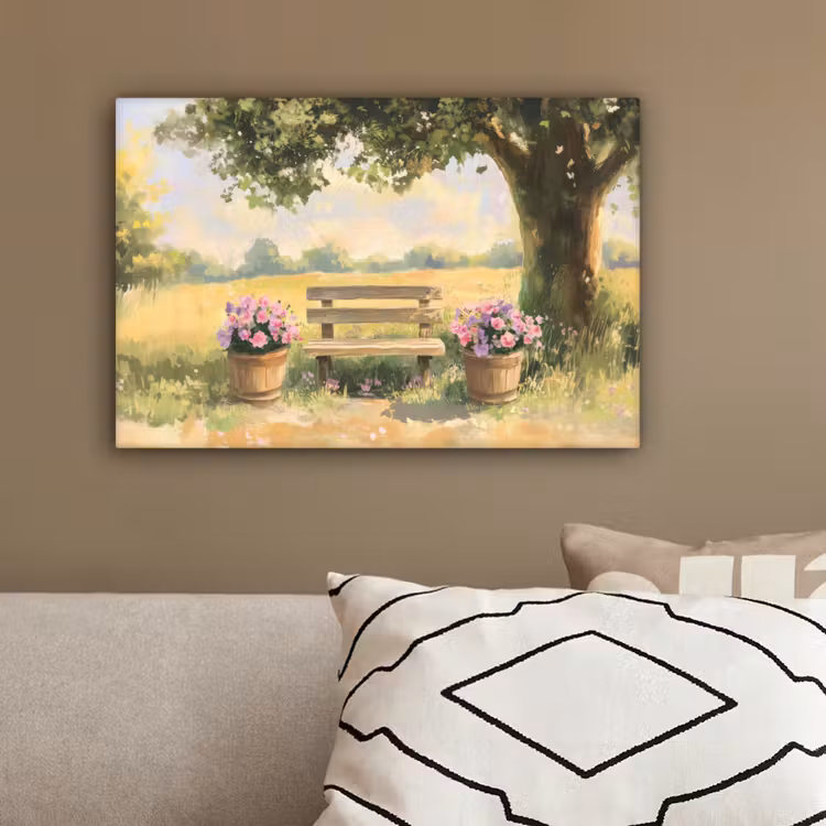 Houten bankje - Bloempotten - Landschap canvas 2cm klein -sfeer3