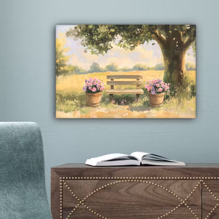 Houten bankje - Bloempotten - Landschap canvas 2cm klein -sfeer4