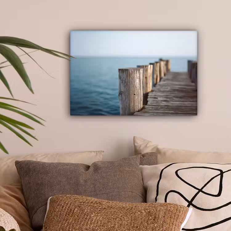 Houten steiger - Helderblauwe lucht canvas 2cm klein -sfeer1
