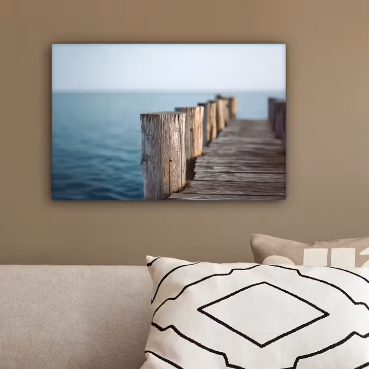Houten steiger - Helderblauwe lucht canvas 2cm klein -sfeer3
