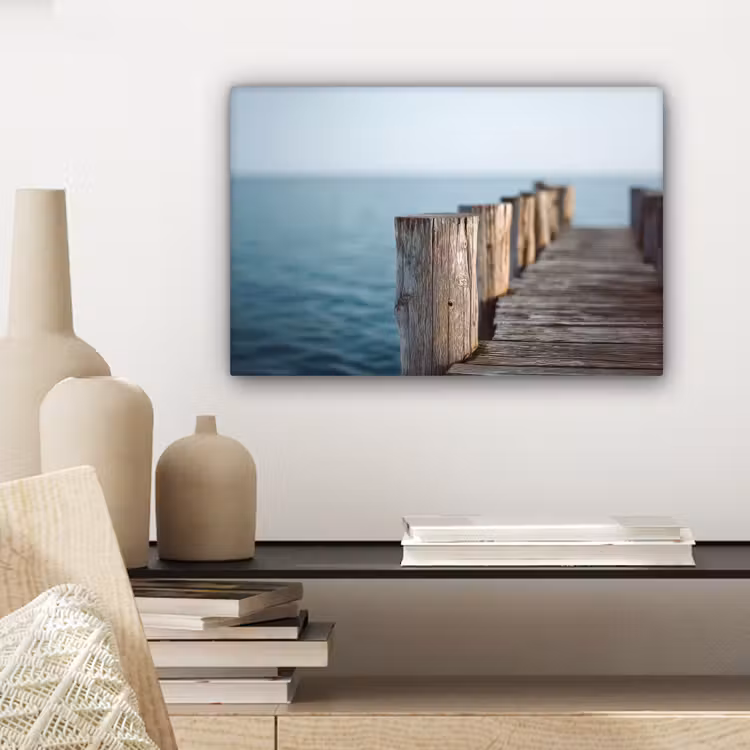Houten steiger - Helderblauwe lucht canvas 2cm klein -sfeer6
