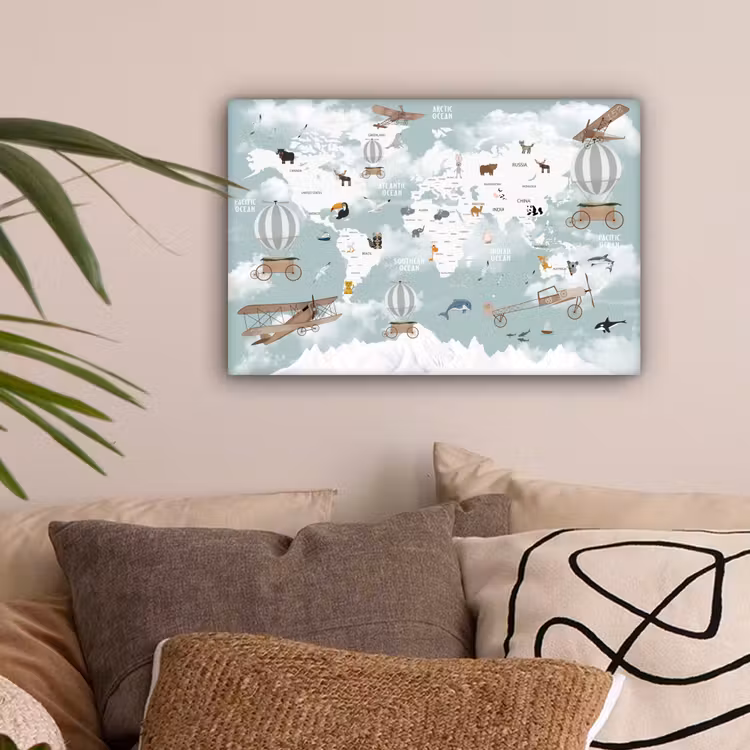 Wereldkaart - Kind - Vliegtuig canvas 2cm klein -sfeer1