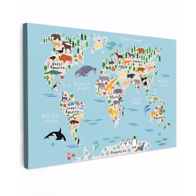 Wereldkaart - Kinderen - Dieren - Blauw - Orka - Walvis canvas 2cm klein -z3d