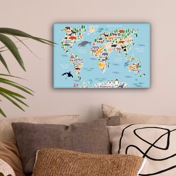 Wereldkaart - Kinderen - Dieren - Blauw - Orka - Walvis canvas 2cm klein -sfeer1