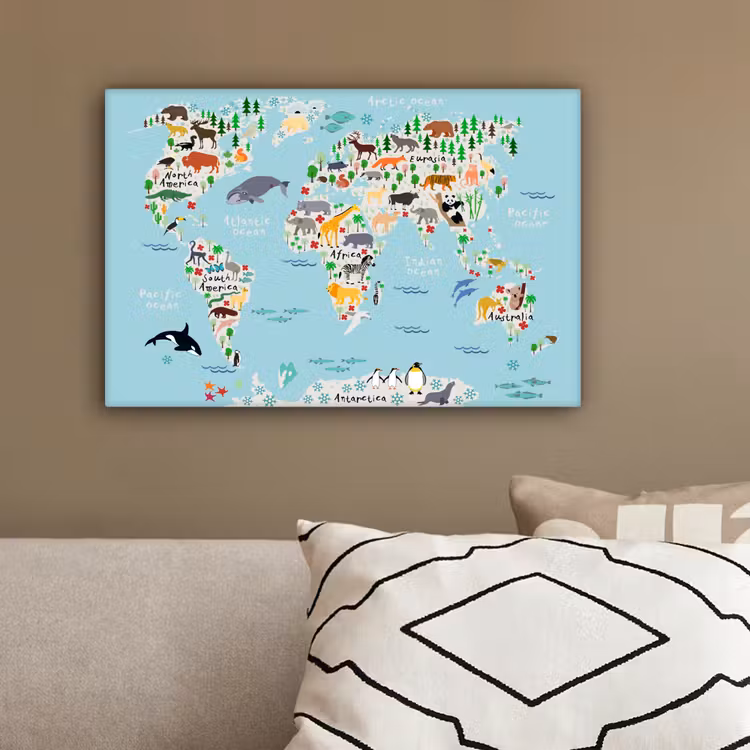 Wereldkaart - Kinderen - Dieren - Blauw - Orka - Walvis canvas 2cm klein -sfeer3