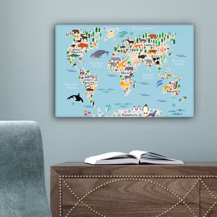 Wereldkaart - Kinderen - Dieren - Blauw - Orka - Walvis canvas 2cm klein -sfeer4