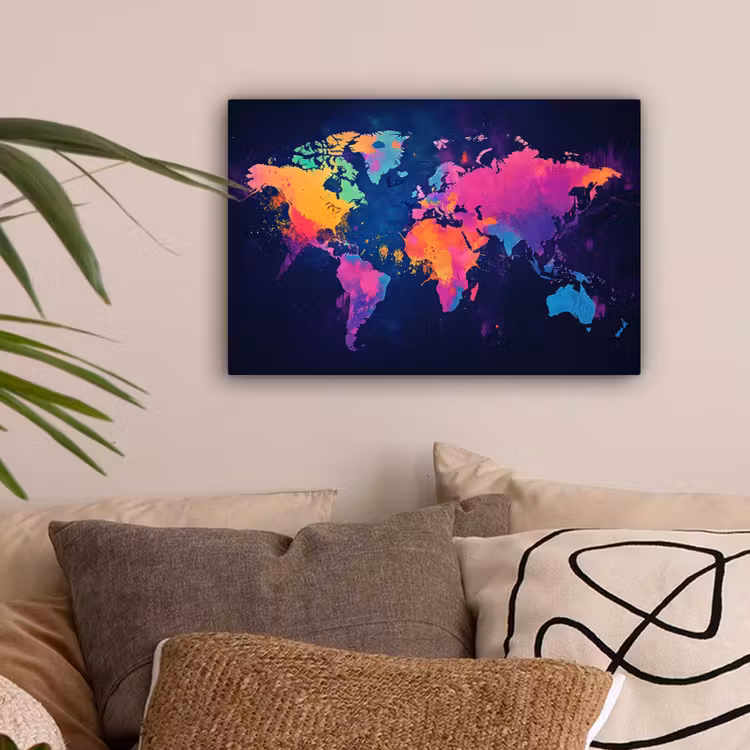 Wereldkaart - Kleurrijk - Graffiti canvas 2cm klein -sfeer1