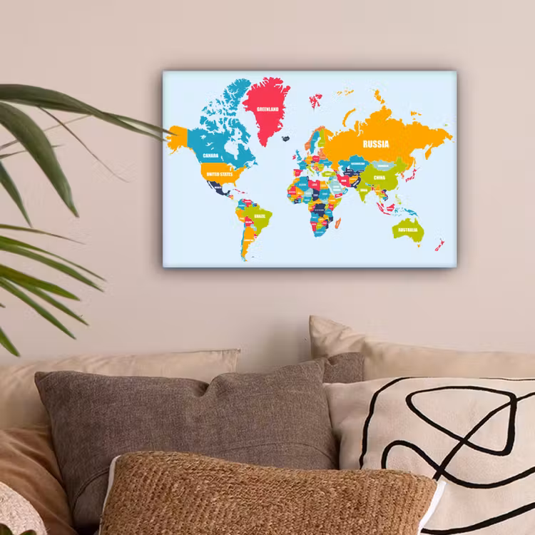Wereldkaart - Kleuren - Letters - Kinderen - Jongens - Meisjes canvas 2cm klein -sfeer1