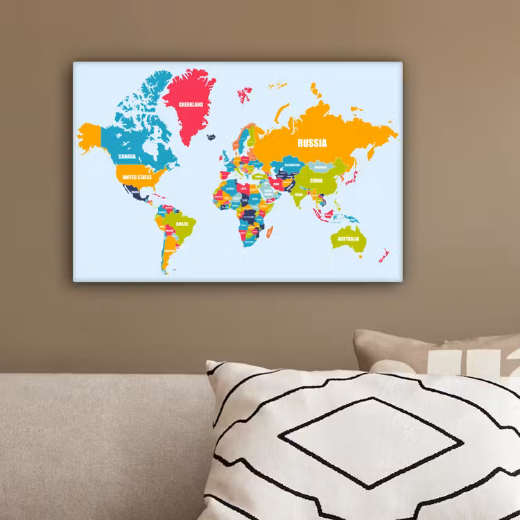 Wereldkaart - Kleuren - Letters - Kinderen - Jongens - Meisjes canvas 2cm klein -sfeer3