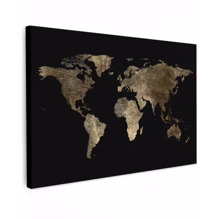 Wereldkaart - Goud - Zwart - Aarde - Luxe canvas 2cm klein -z3d