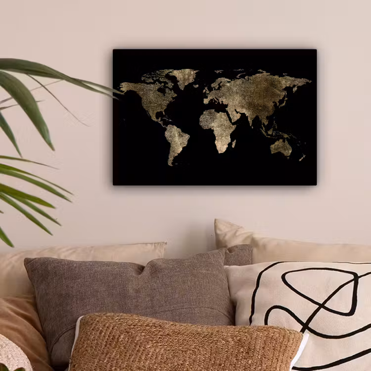 Wereldkaart - Goud - Zwart - Aarde - Luxe canvas 2cm klein -sfeer1
