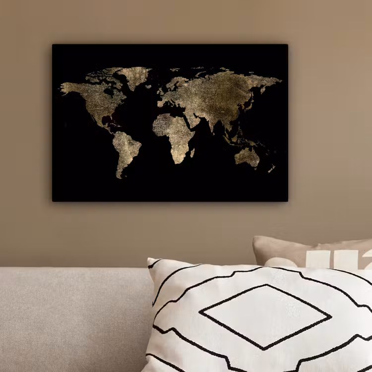 Wereldkaart - Goud - Zwart - Aarde - Luxe canvas 2cm klein -sfeer3