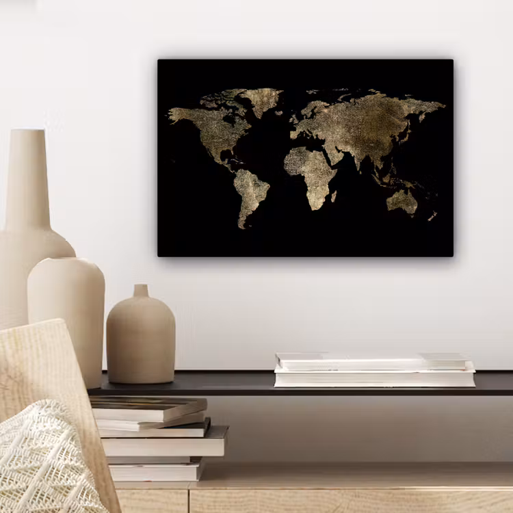 Wereldkaart - Goud - Zwart - Aarde - Luxe canvas 2cm klein -sfeer6