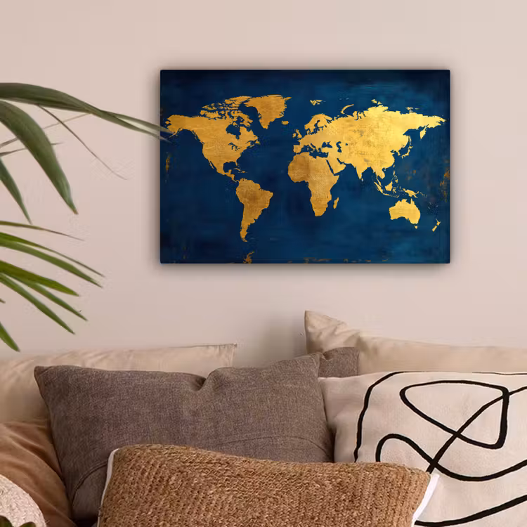 Wereldkaart - Goud - Donkerblauw canvas 2cm klein -sfeer1