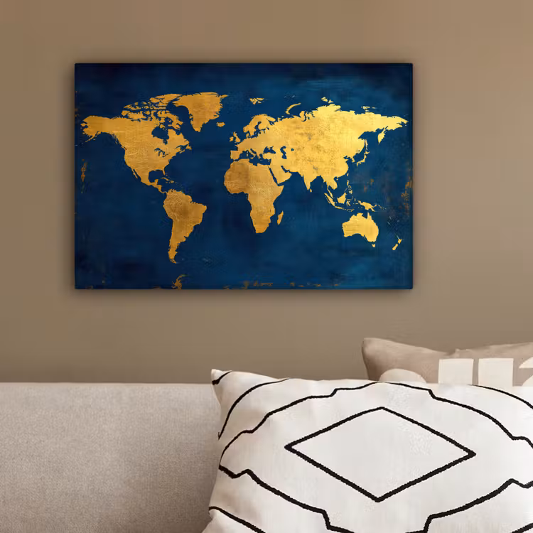 Wereldkaart - Goud - Donkerblauw canvas 2cm klein -sfeer3