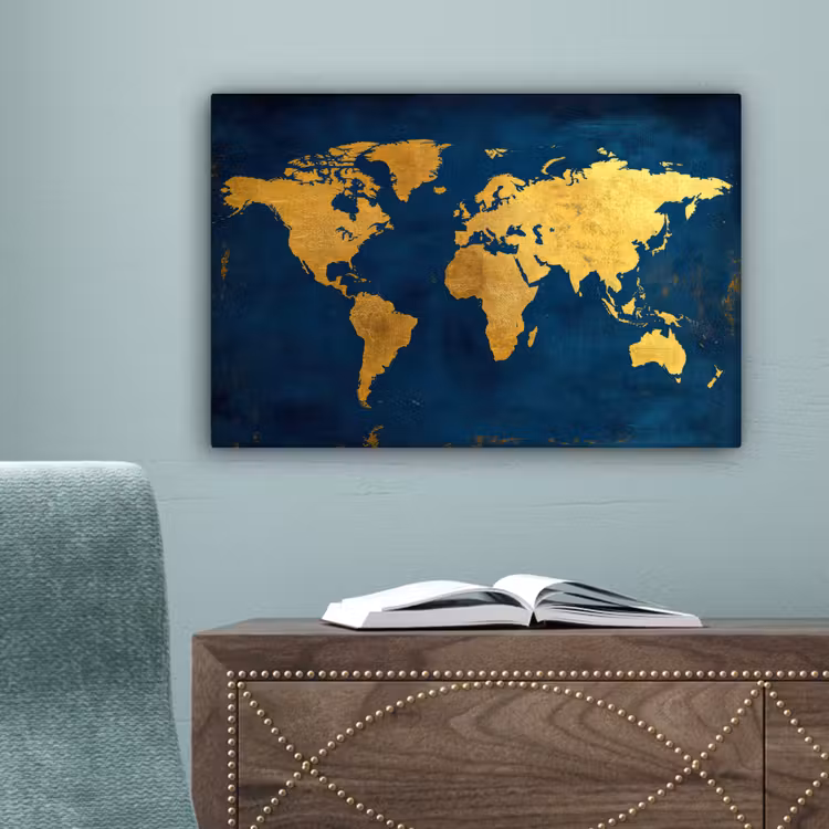 Wereldkaart - Goud - Donkerblauw canvas 2cm klein -sfeer4