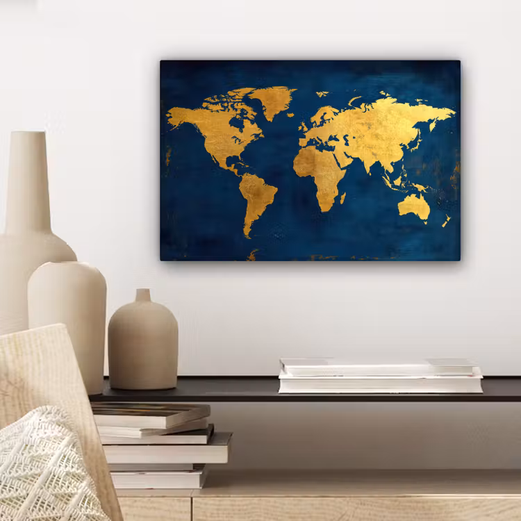 Wereldkaart - Goud - Donkerblauw canvas 2cm klein -sfeer6