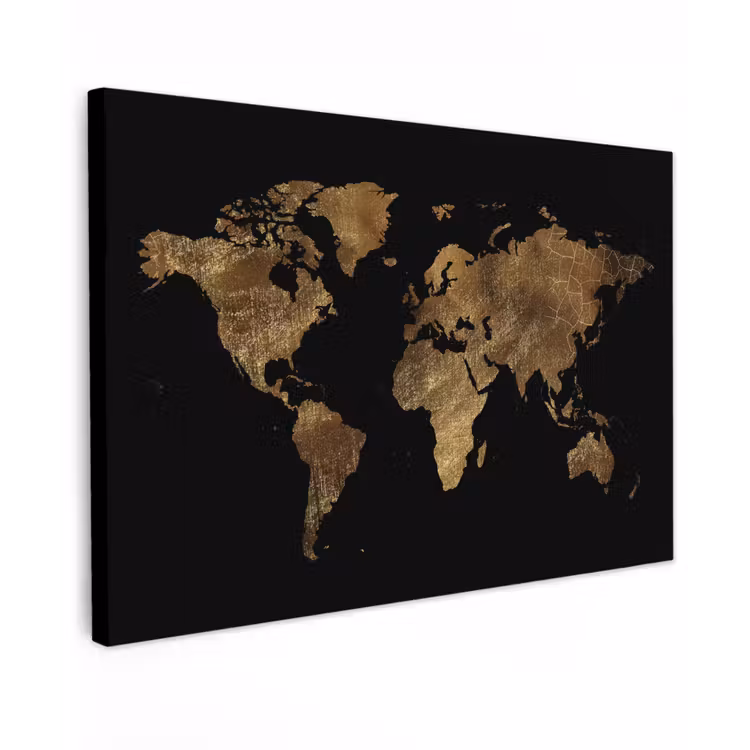 Wereldkaart - Goud - Luxe - Aarde - Zwart canvas 2cm klein -z3d
