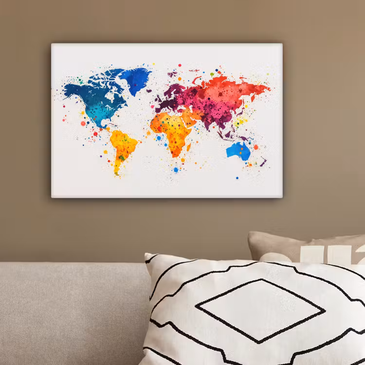 Wereldkaart - Graffiti - Kleurrijk canvas 2cm klein -sfeer3
