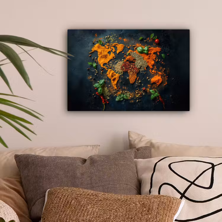 Wereldkaart - Kruiden - Levendige kleuren canvas 2cm klein -sfeer1
