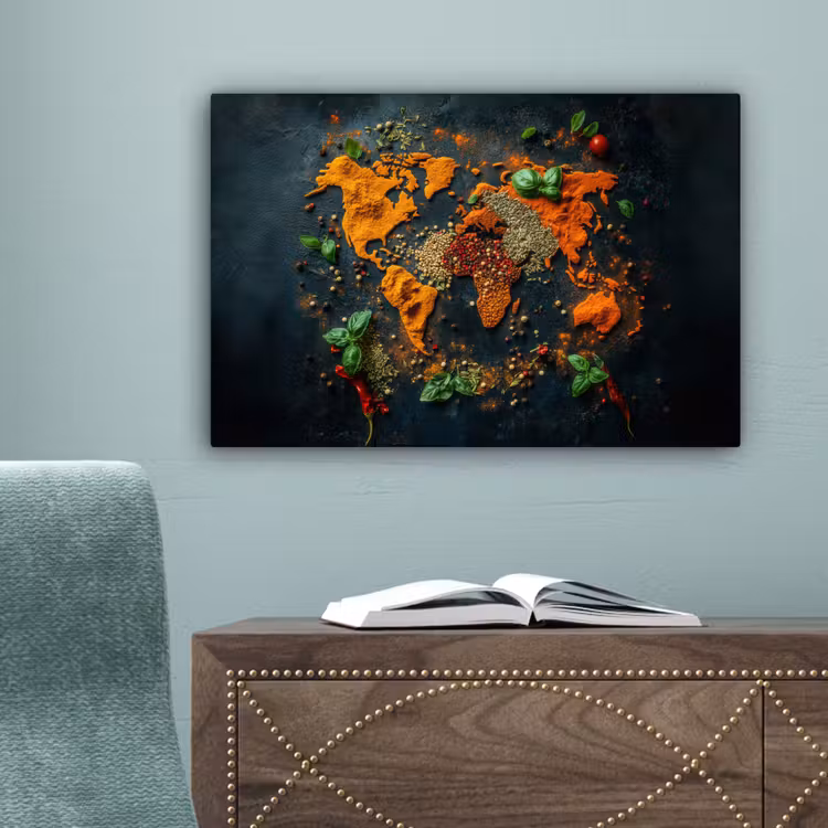 Wereldkaart - Kruiden - Levendige kleuren canvas 2cm klein -sfeer4