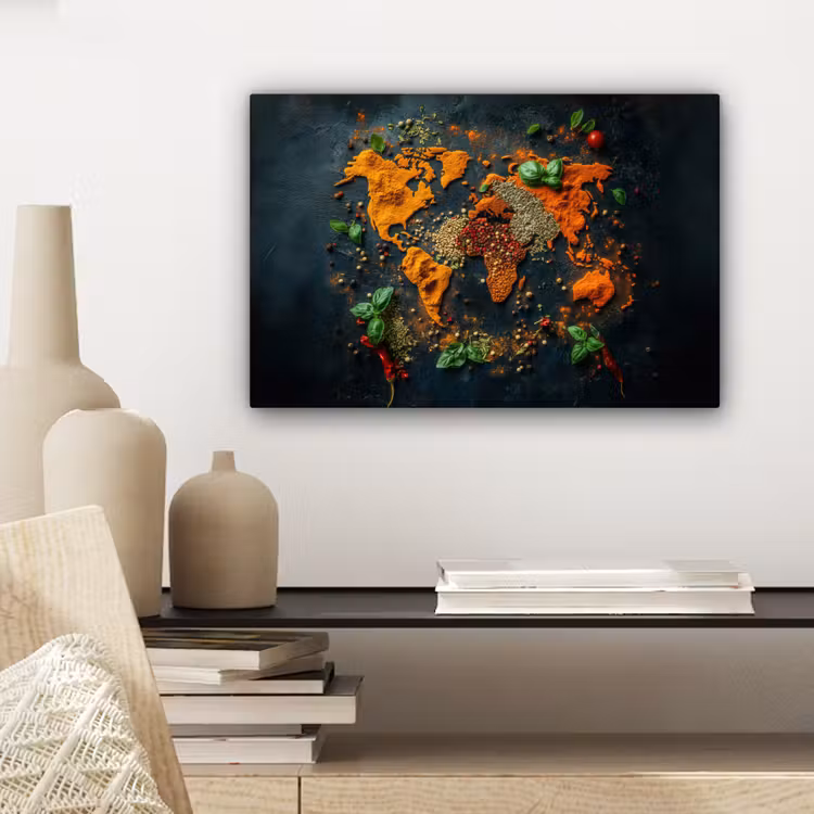 Wereldkaart - Kruiden - Levendige kleuren canvas 2cm klein -sfeer6
