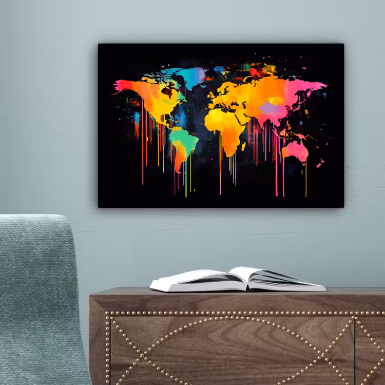 Wereldkaart - Verf - Kleurrijk - Graffiti - Wereld canvas 2cm klein -sfeer4