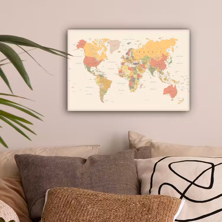 Wereldkaart - Realistisch - Beige canvas 2cm klein -sfeer1