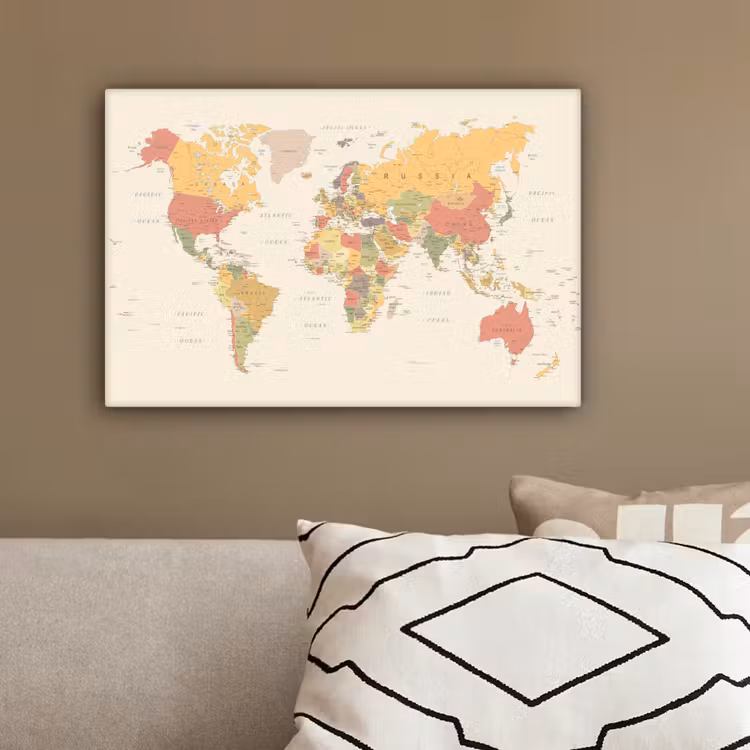 Wereldkaart - Realistisch - Beige canvas 2cm klein -sfeer3