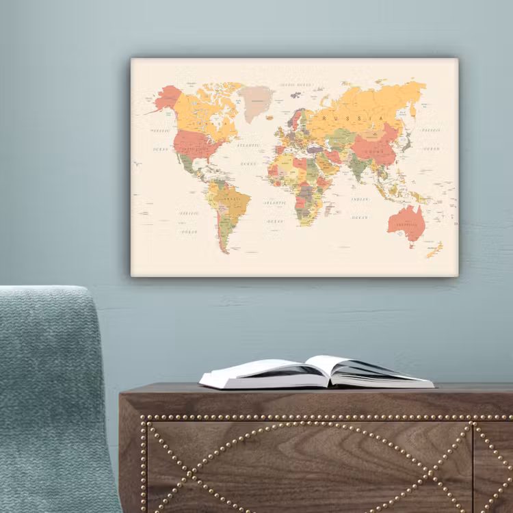 Wereldkaart - Realistisch - Beige canvas 2cm klein -sfeer4