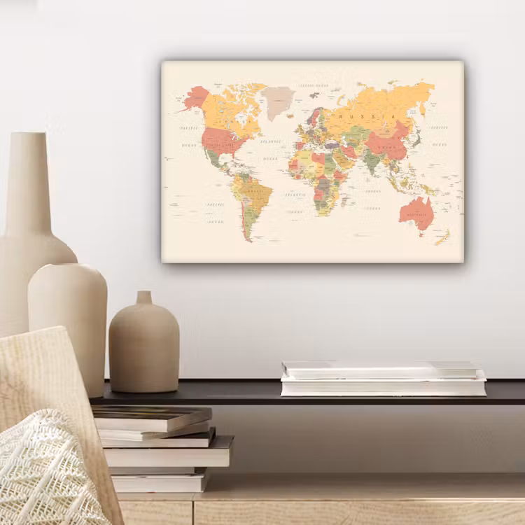 Wereldkaart - Realistisch - Beige canvas 2cm klein -sfeer6