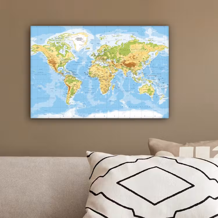 Wereldkaart - Staatkundig - Blauw - Aarde - Educatief canvas 2cm klein -sfeer3