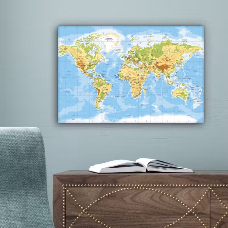 Wereldkaart - Staatkundig - Blauw - Aarde - Educatief canvas 2cm klein -sfeer4