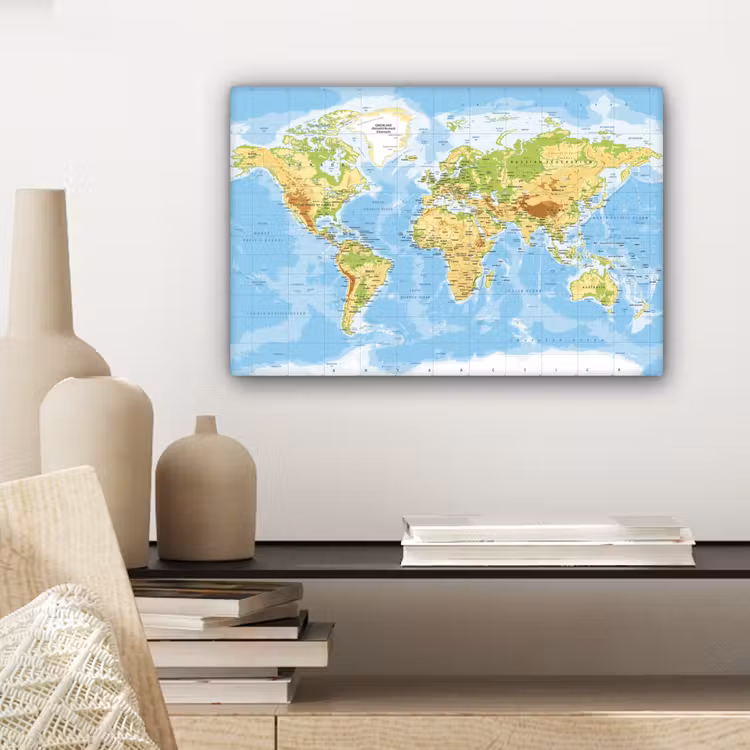 Wereldkaart - Staatkundig - Blauw - Aarde - Educatief canvas 2cm klein -sfeer6