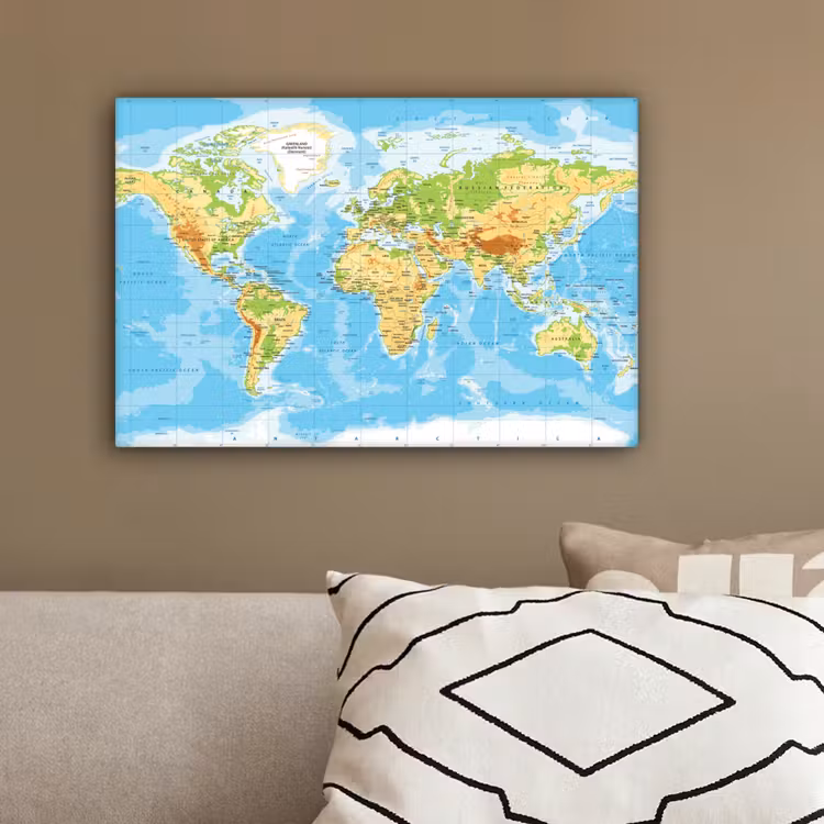 Wereldkaart - Staatkundig - Blauw - Aarde - Educatief canvas 2cm klein -sfeer3