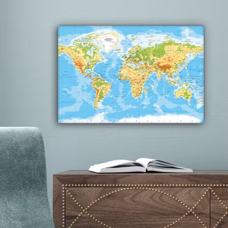 Wereldkaart - Staatkundig - Blauw - Aarde - Educatief canvas 2cm klein -sfeer4