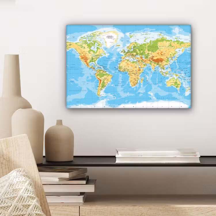 Wereldkaart - Staatkundig - Blauw - Aarde - Educatief canvas 2cm klein -sfeer6