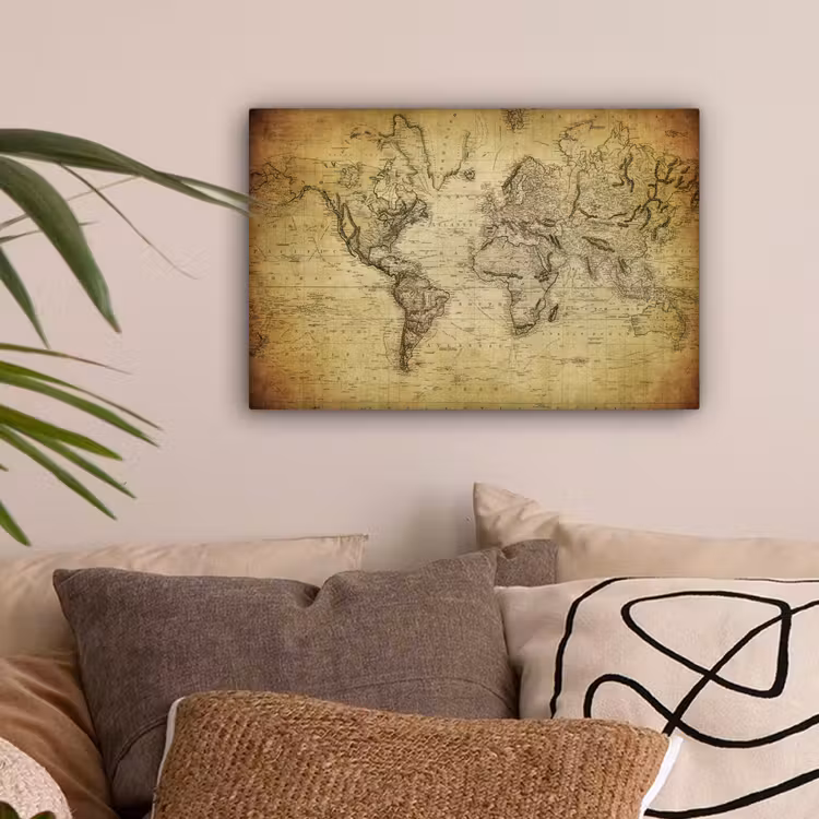 Wereldkaart - Vintage - Antiek - Bruin - Papier canvas 2cm klein -sfeer1