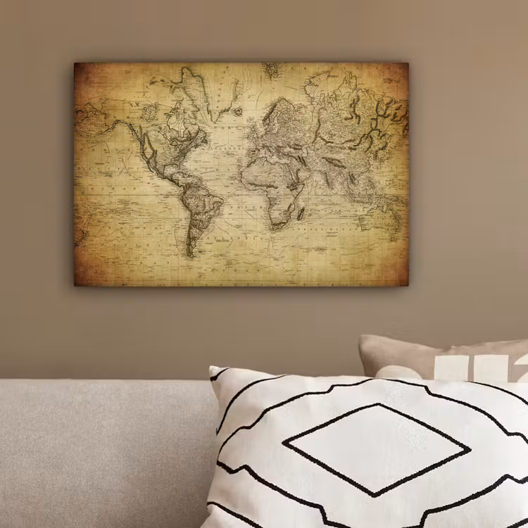 Wereldkaart - Vintage - Antiek - Bruin - Papier canvas 2cm klein -sfeer3