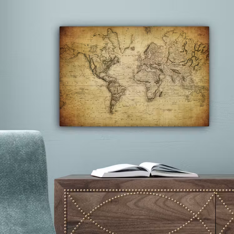 Wereldkaart - Vintage - Antiek - Bruin - Papier canvas 2cm klein -sfeer4