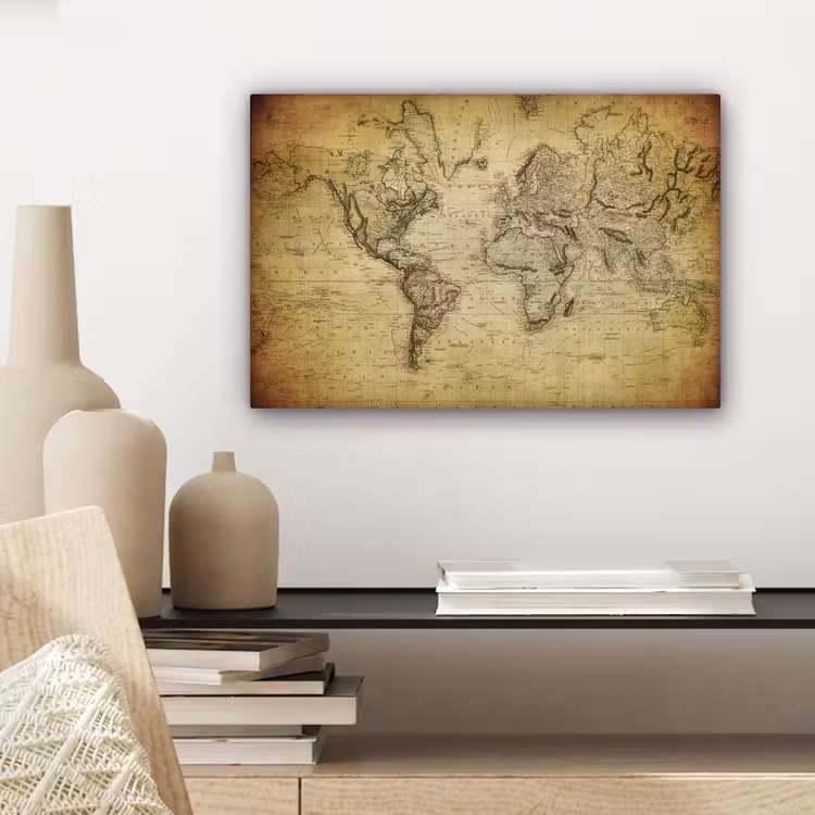Wereldkaart - Vintage - Antiek - Bruin - Papier canvas 2cm klein -sfeer6